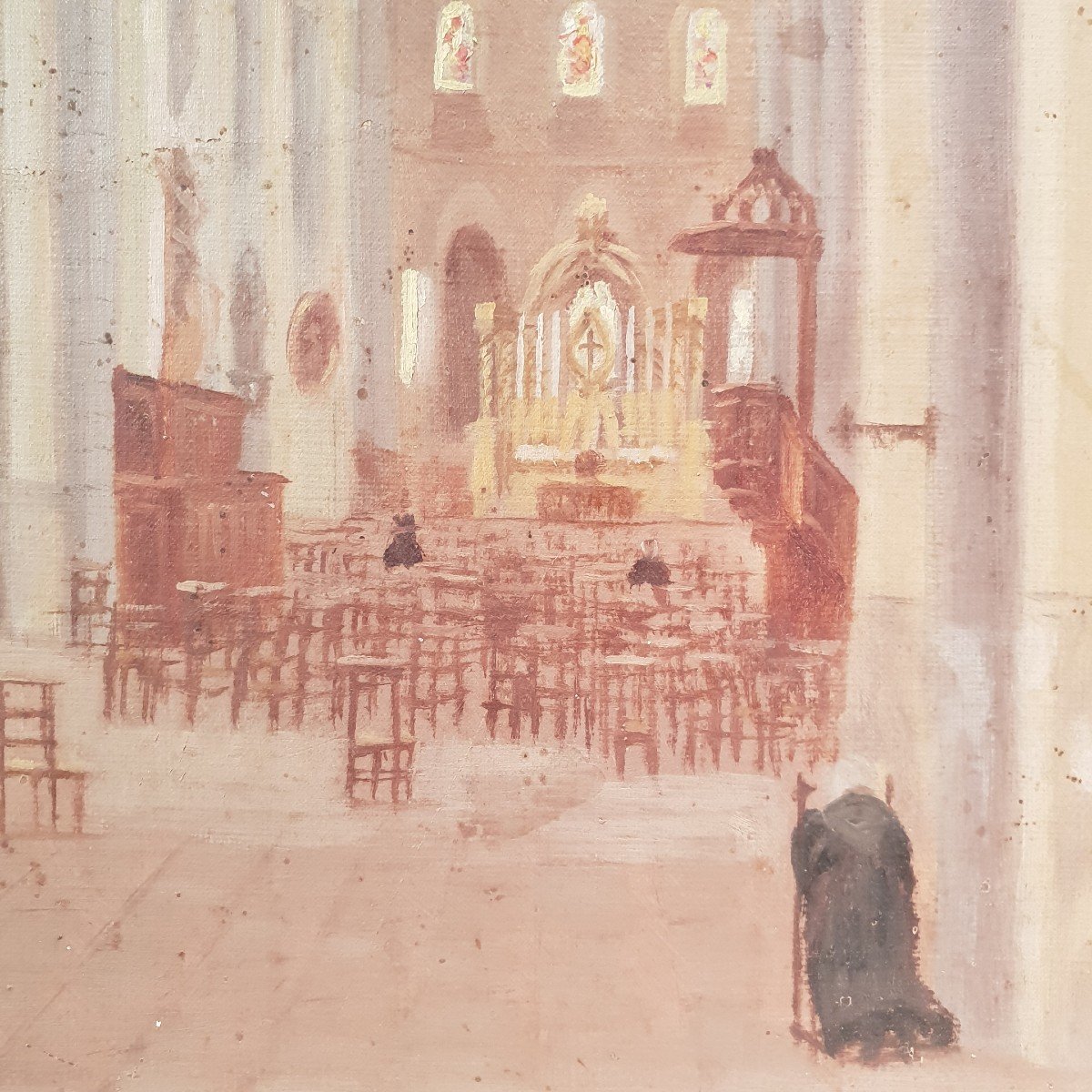 Oil On Canvas, Church Interior, 20th Century
