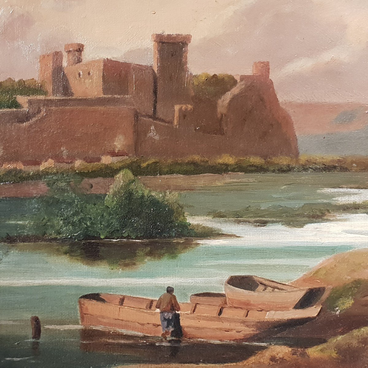 Oil On Canvas, Landscape And River, 19-20th Century-photo-4