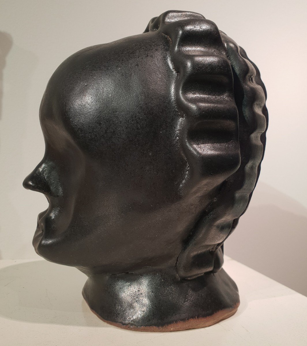 Signed Africanist Ceramic Head, Fang Typology, Circa 1970.-photo-3
