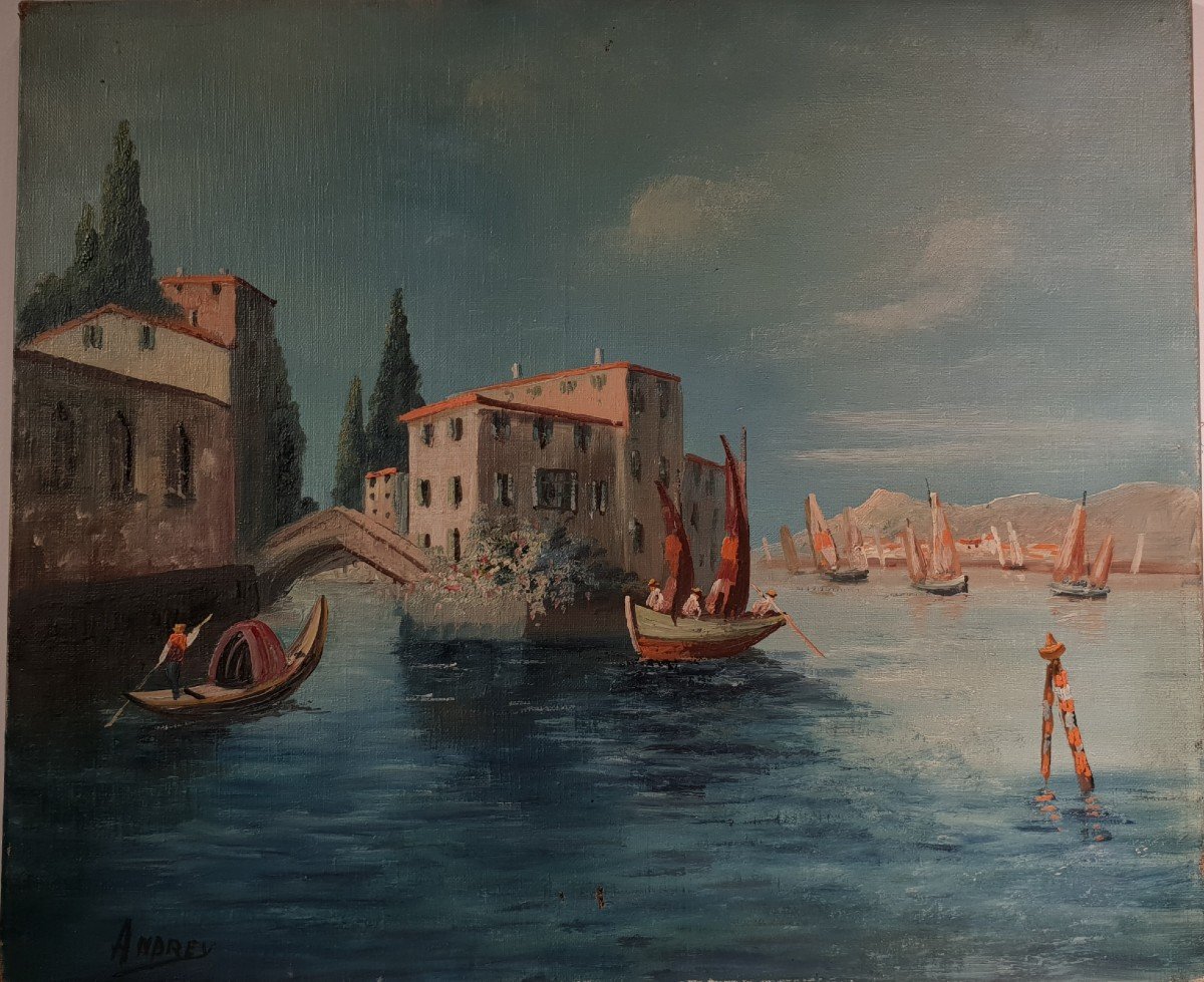 Tableau Hst Scene Gondole à Venise Signé Andrey-photo-2