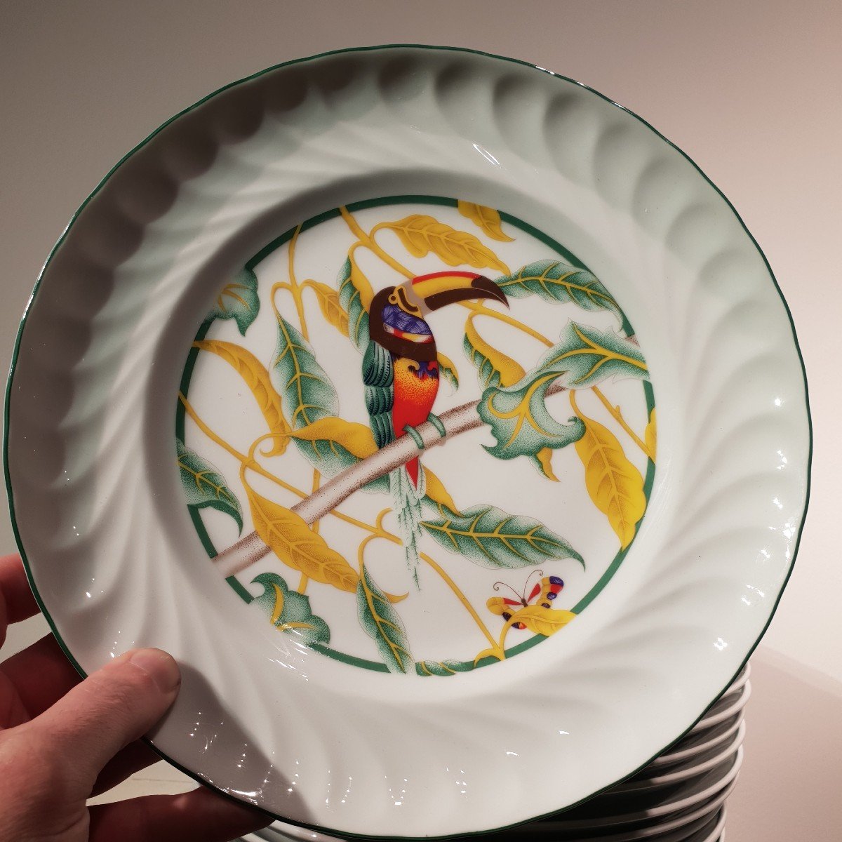 Service En Porcelaine 17 Assiettes Toucan. 20 ème Siècle -photo-2