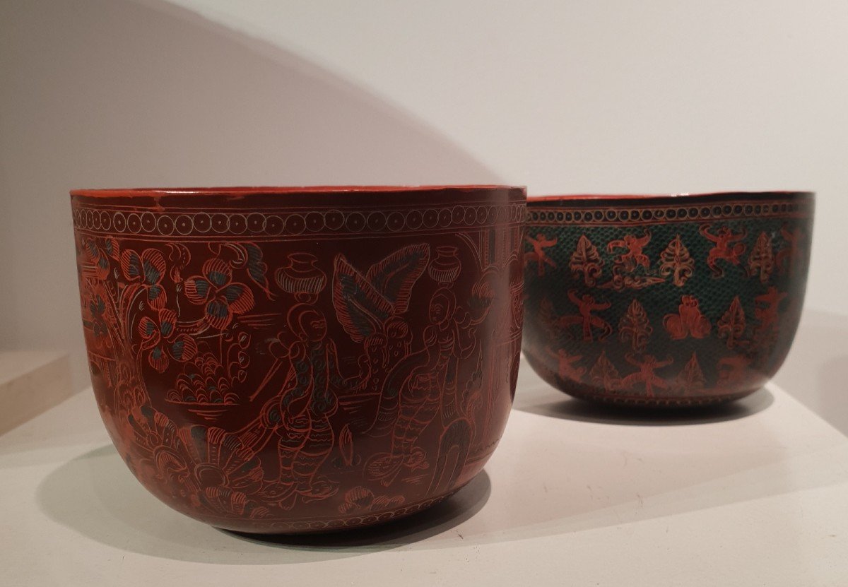 Two Burmese Lacquer Bowls, Mid-20th Century 
