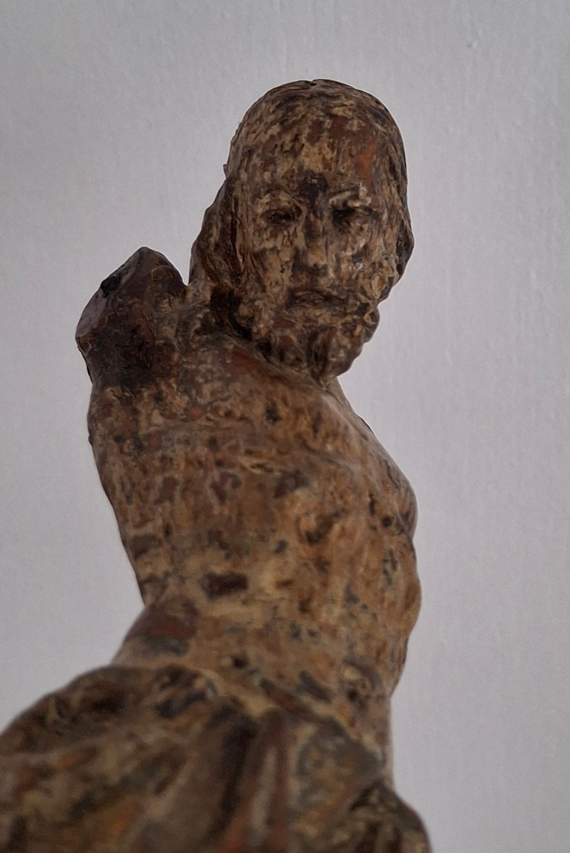 Buste De Christ En Bois Polychrome, 17eme Siècle -photo-3