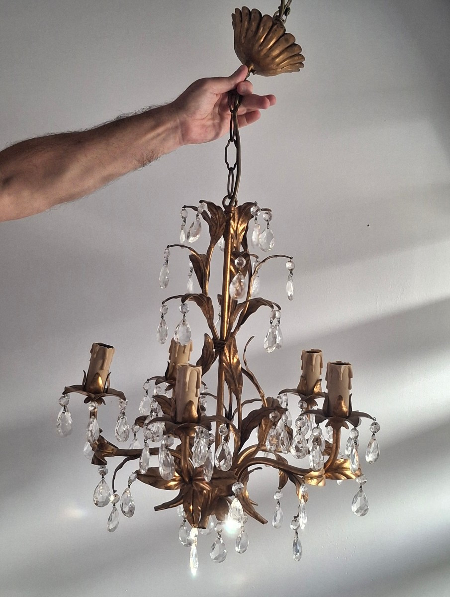 Lustre en métal doré, palette et verre taillé design vers 1970-80-photo-2