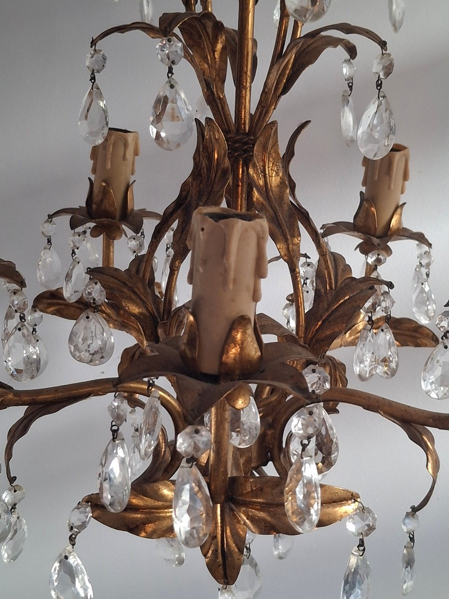 Lustre en métal doré, palette et verre taillé design vers 1970-80-photo-3