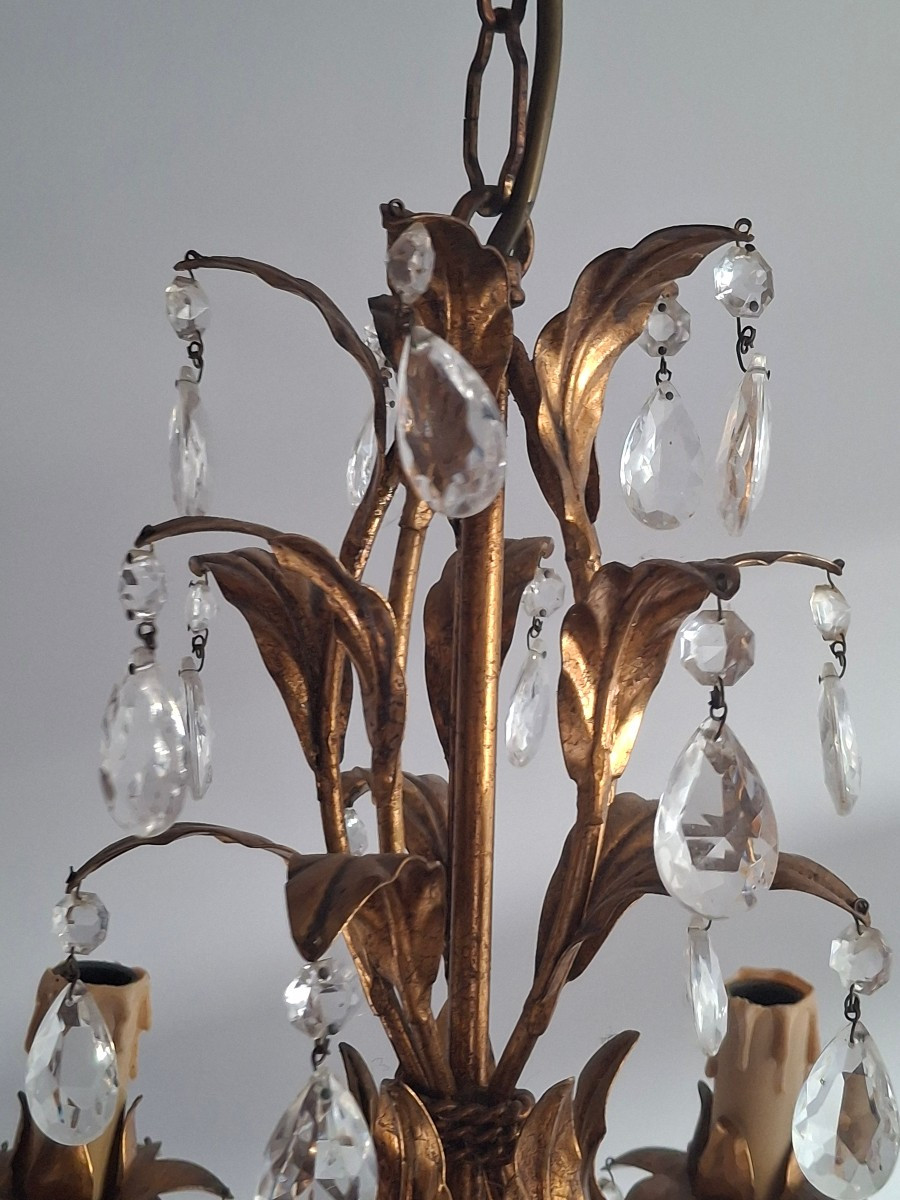 Lustre en métal doré, palette et verre taillé design vers 1970-80-photo-3