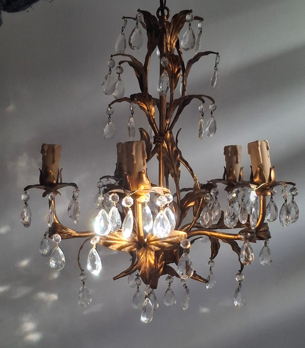Lustre en métal doré, palette et verre taillé design vers 1970-80