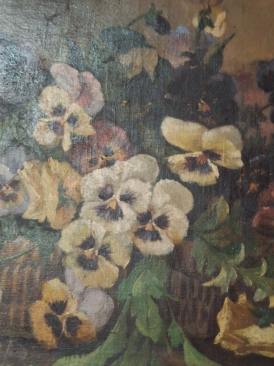 Painting, Oil On Canvas, Flowers, Pansies, Signed Miller, Early 20th Century-photo-1