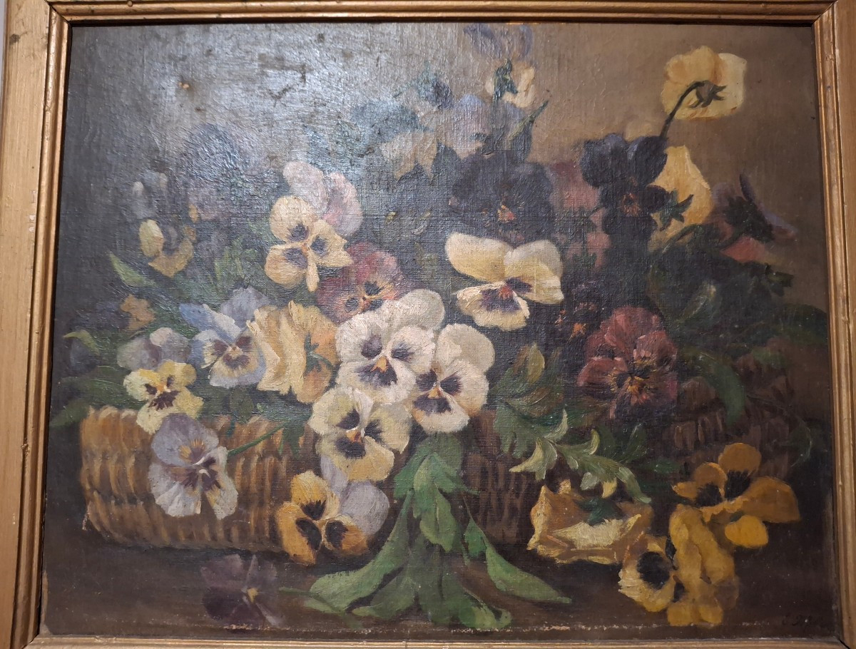 Painting, Oil On Canvas, Flowers, Pansies, Signed Miller, Early 20th Century