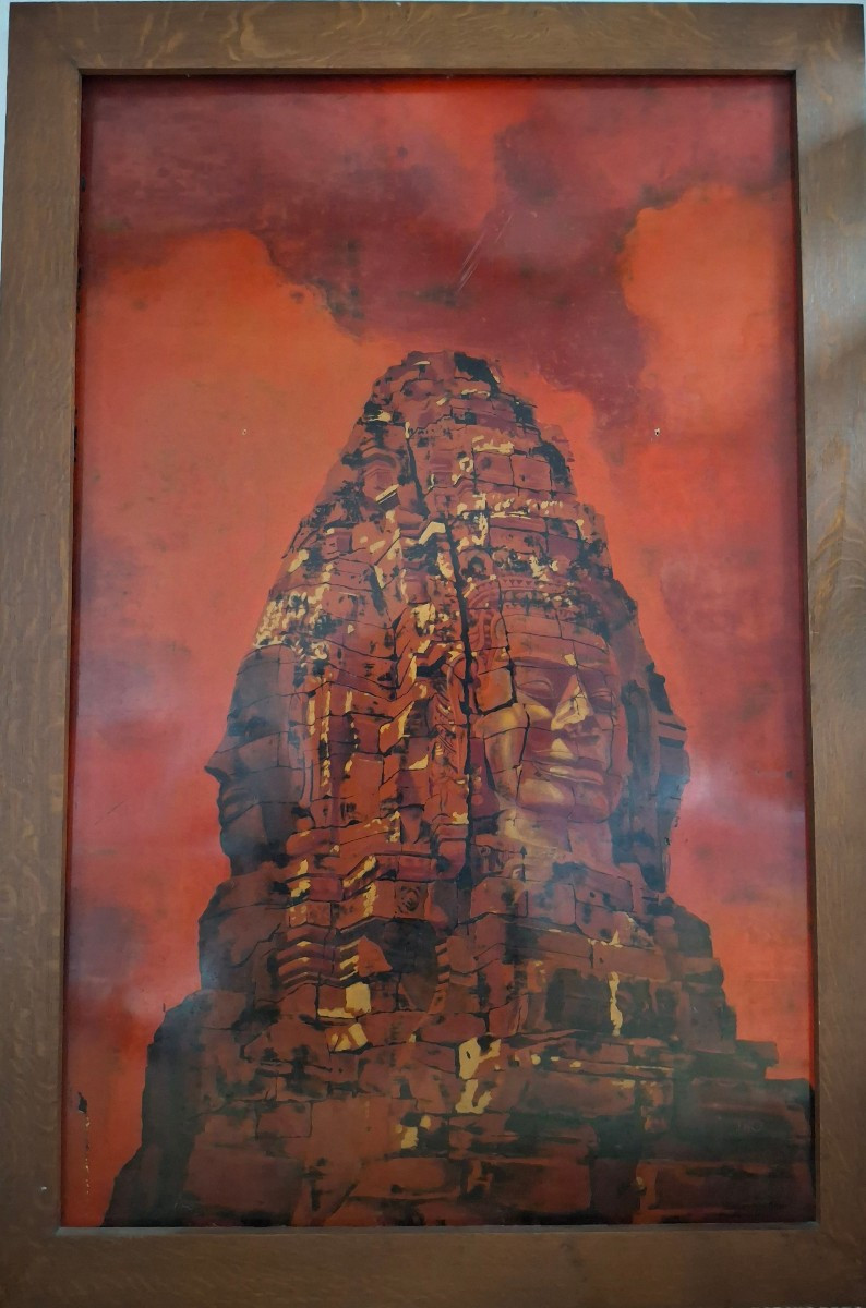 Lacquered Panel, Vietnam. Signed Tho, Khmer Temple Circa 1950.
