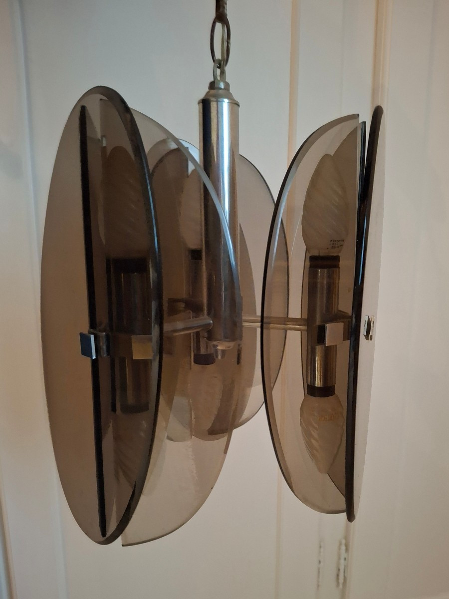 Lustre en verre et metal chromé, vers 1970-80.-photo-2