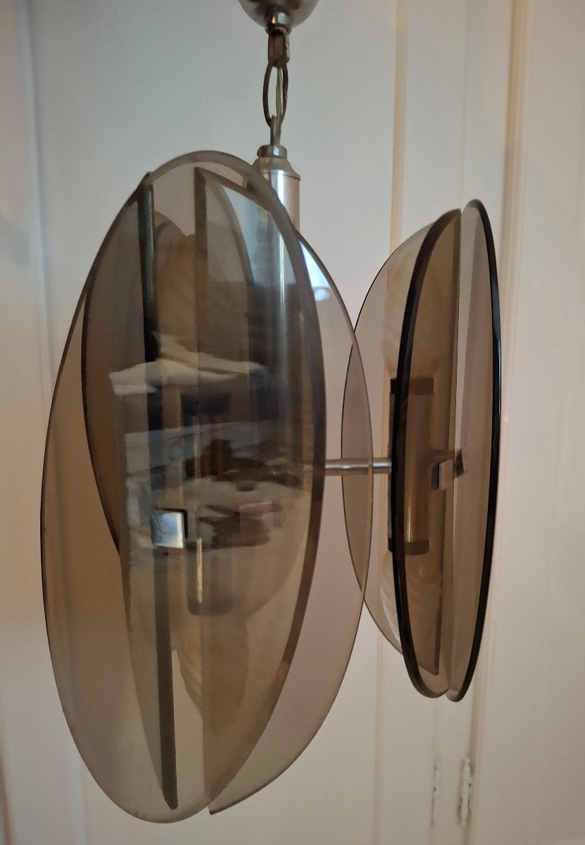 Lustre en verre et metal chromé, vers 1970-80.-photo-3
