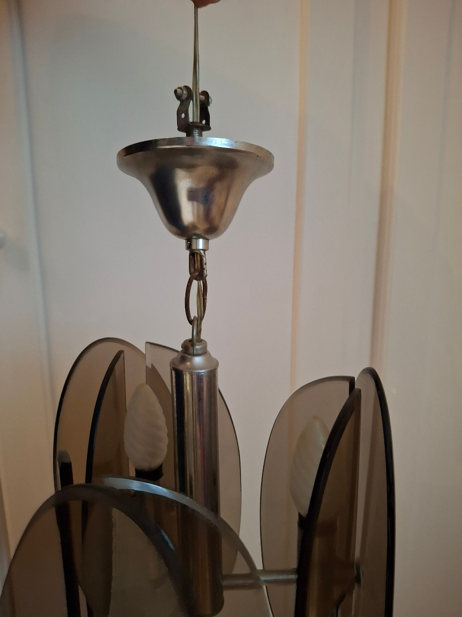 Lustre en verre et metal chromé, vers 1970-80.-photo-2