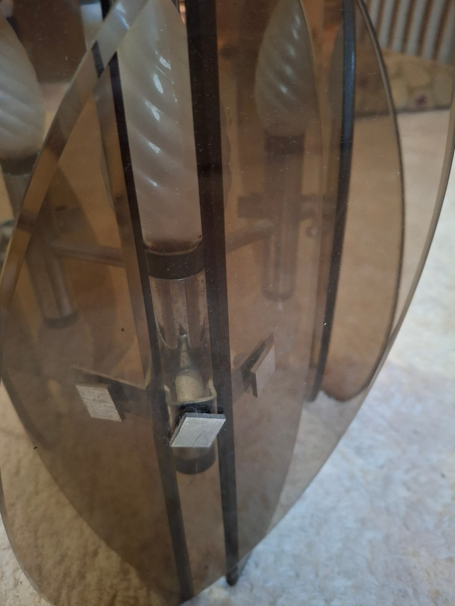 Lustre en verre et metal chromé, vers 1970-80.-photo-3