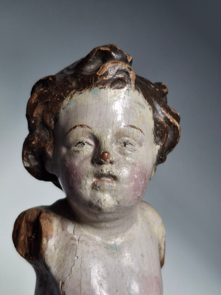 Enfant Jésus, putti, bébé en bois polychrome du 18ème siecle-photo-2