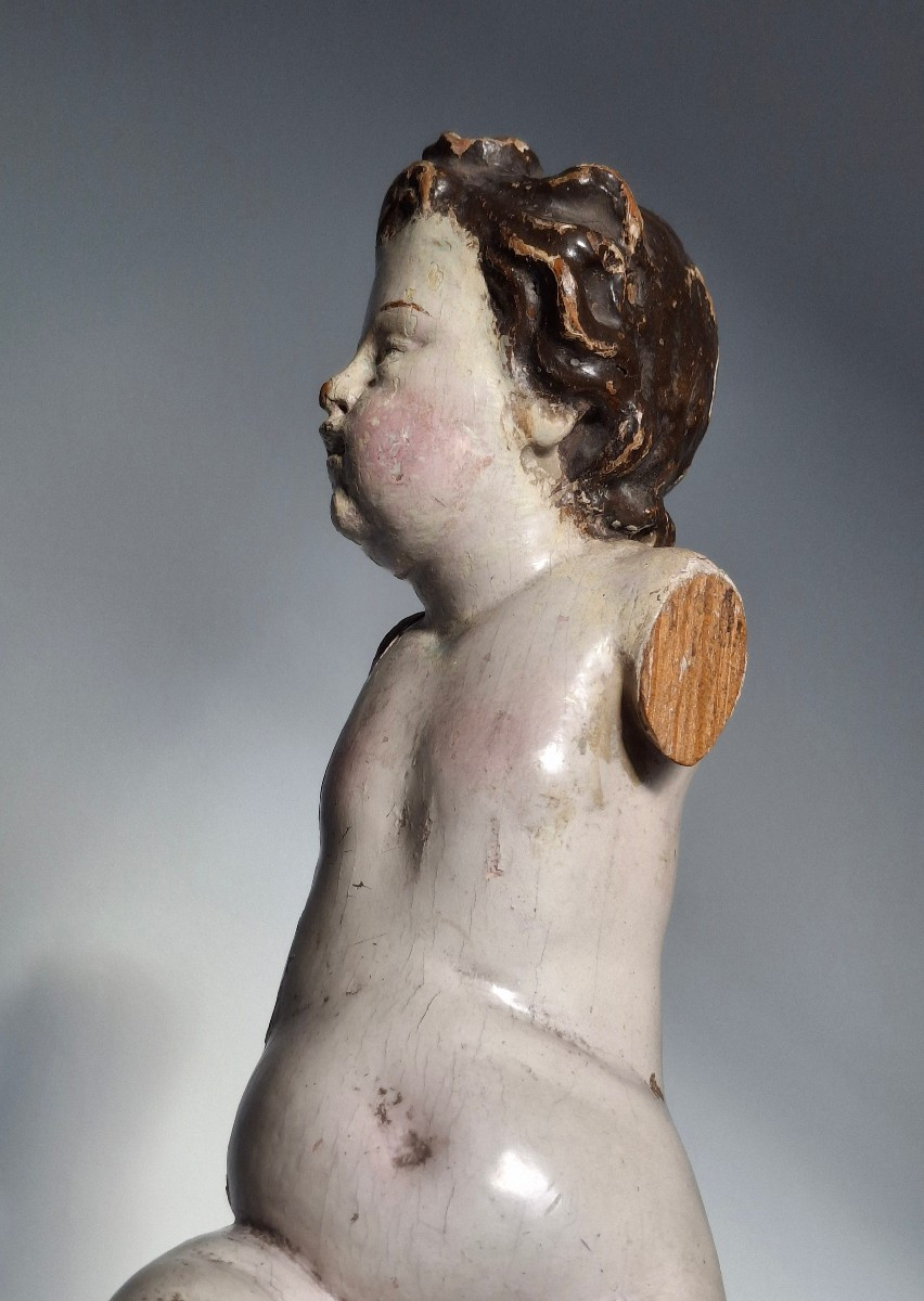 Enfant Jésus, putti, bébé en bois polychrome du 18ème siecle-photo-4