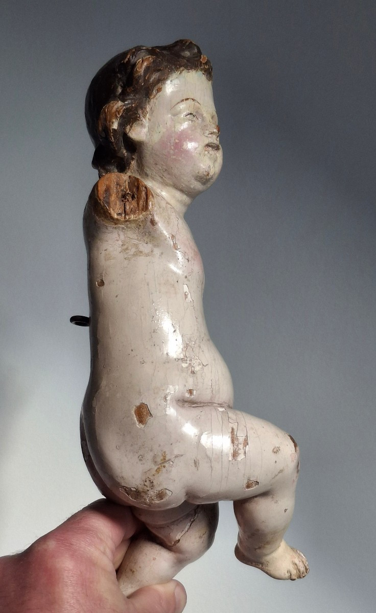 Enfant Jésus, putti, bébé en bois polychrome du 18ème siecle-photo-2