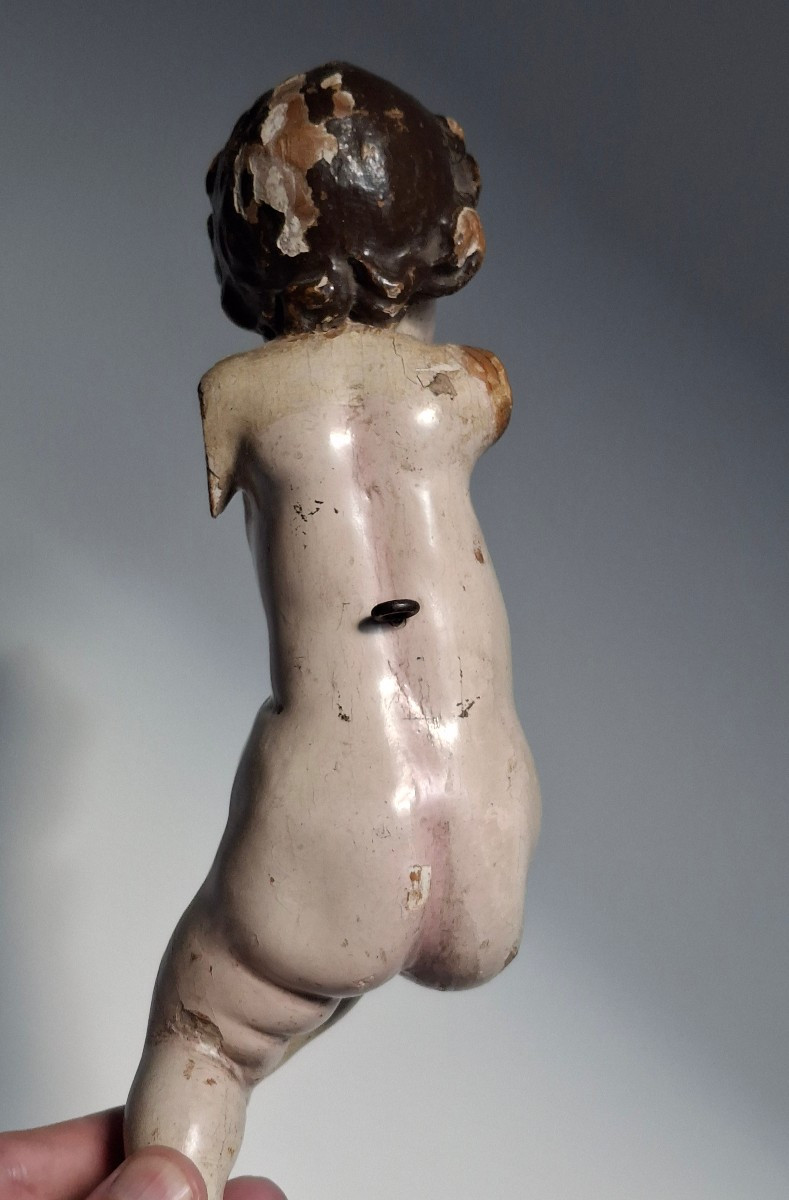 Enfant Jésus, putti, bébé en bois polychrome du 18ème siecle-photo-3