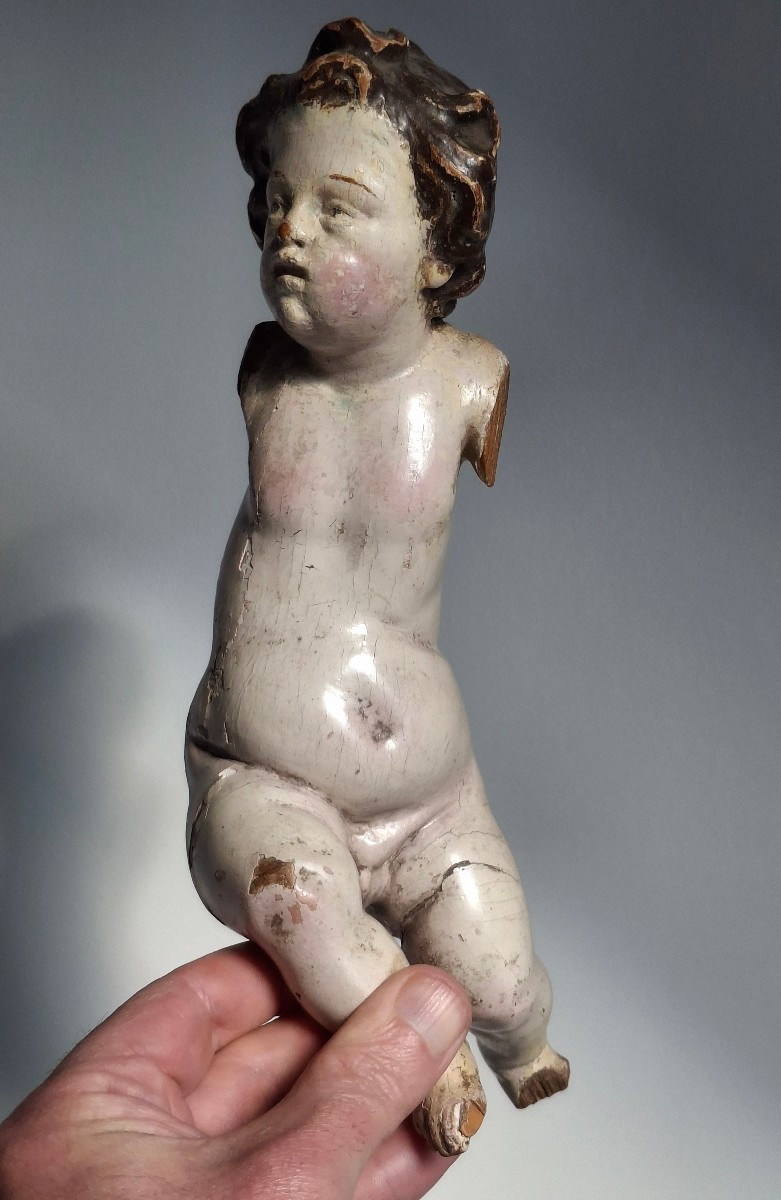 Enfant Jésus, putti, bébé en bois polychrome du 18ème siecle