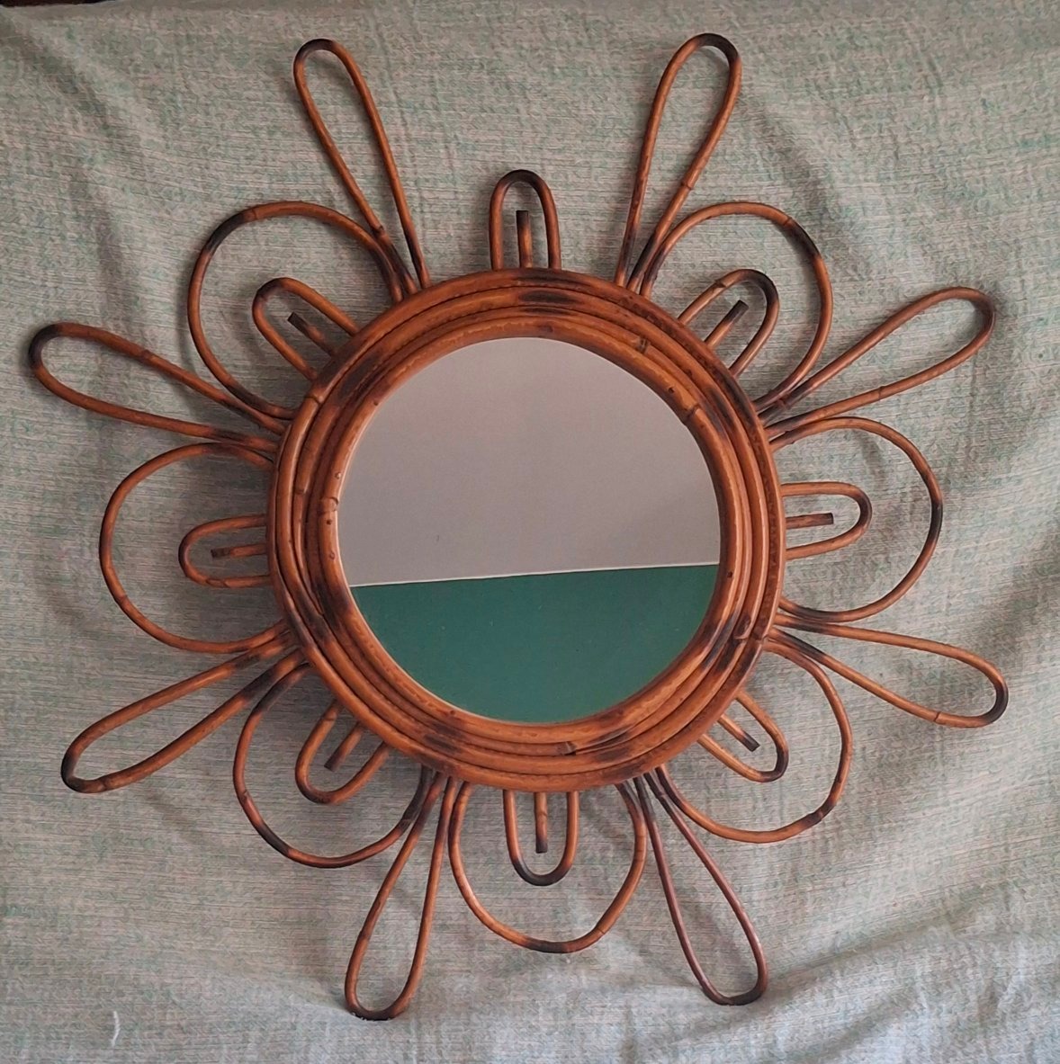 "sunburst" Rattan Mirror, Probably From Spain, Circa 1960-photo-2