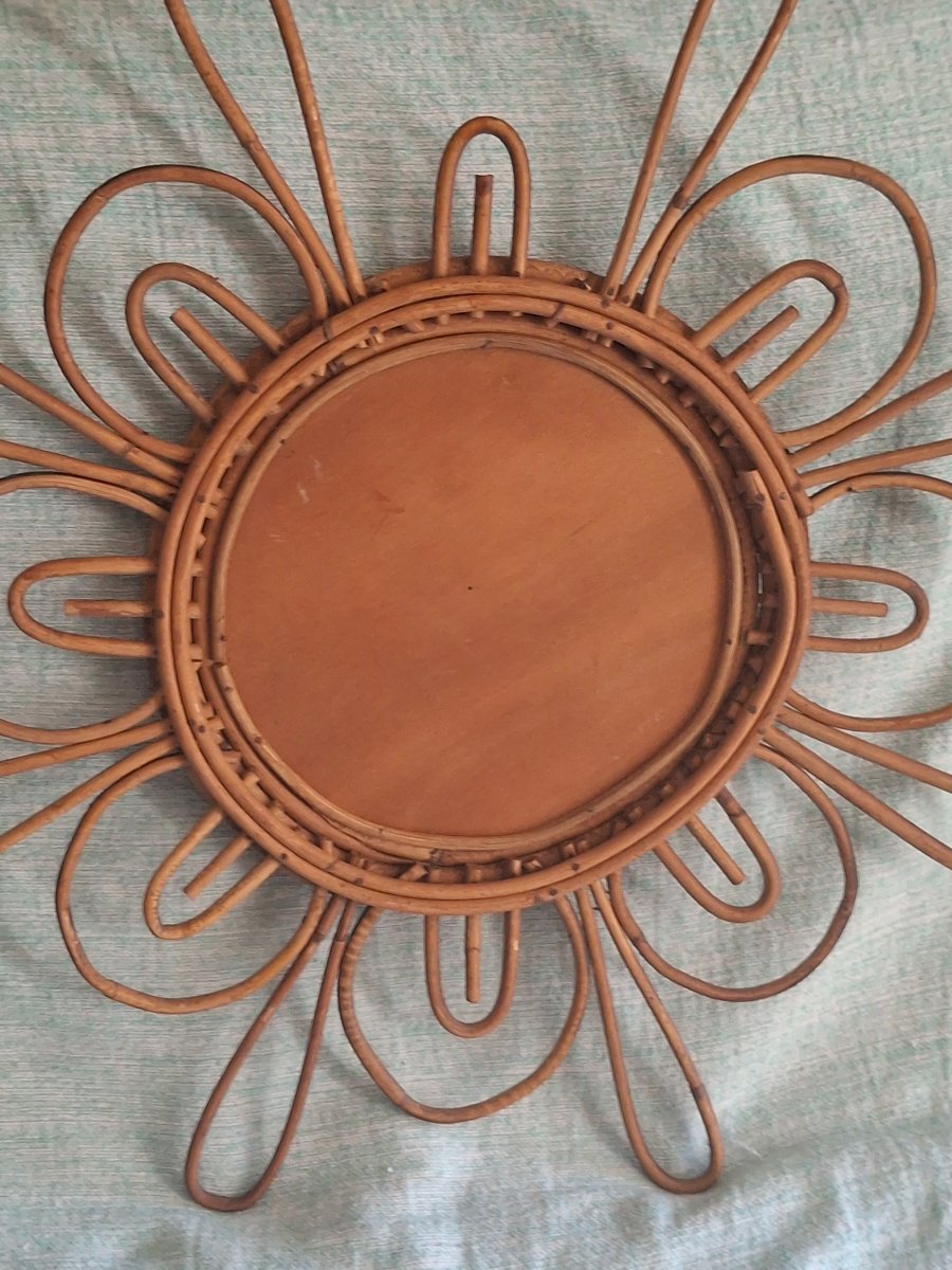 "sunburst" Rattan Mirror, Probably From Spain, Circa 1960-photo-1