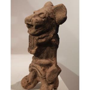 Statue Or Whistle With A Feline, Maya. Guatemala. 500bc-600 Ad