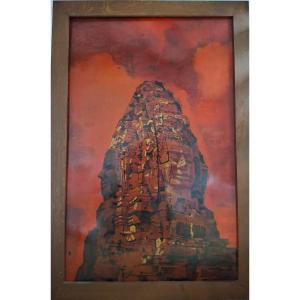Lacquered Panel, Vietnam. Signed Tho, Khmer Temple Circa 1950.
