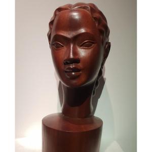 Bust Of Exotic Wood Woman. Art Deco. 1950-60