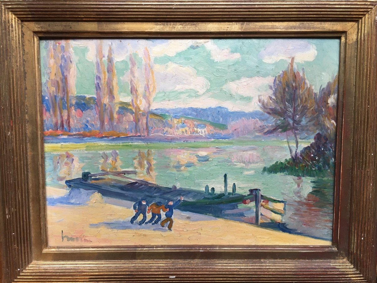 Huile Ancienne Impressionniste fauvisme Bord De Seine Paysage Bateau Rivière -photo-2
