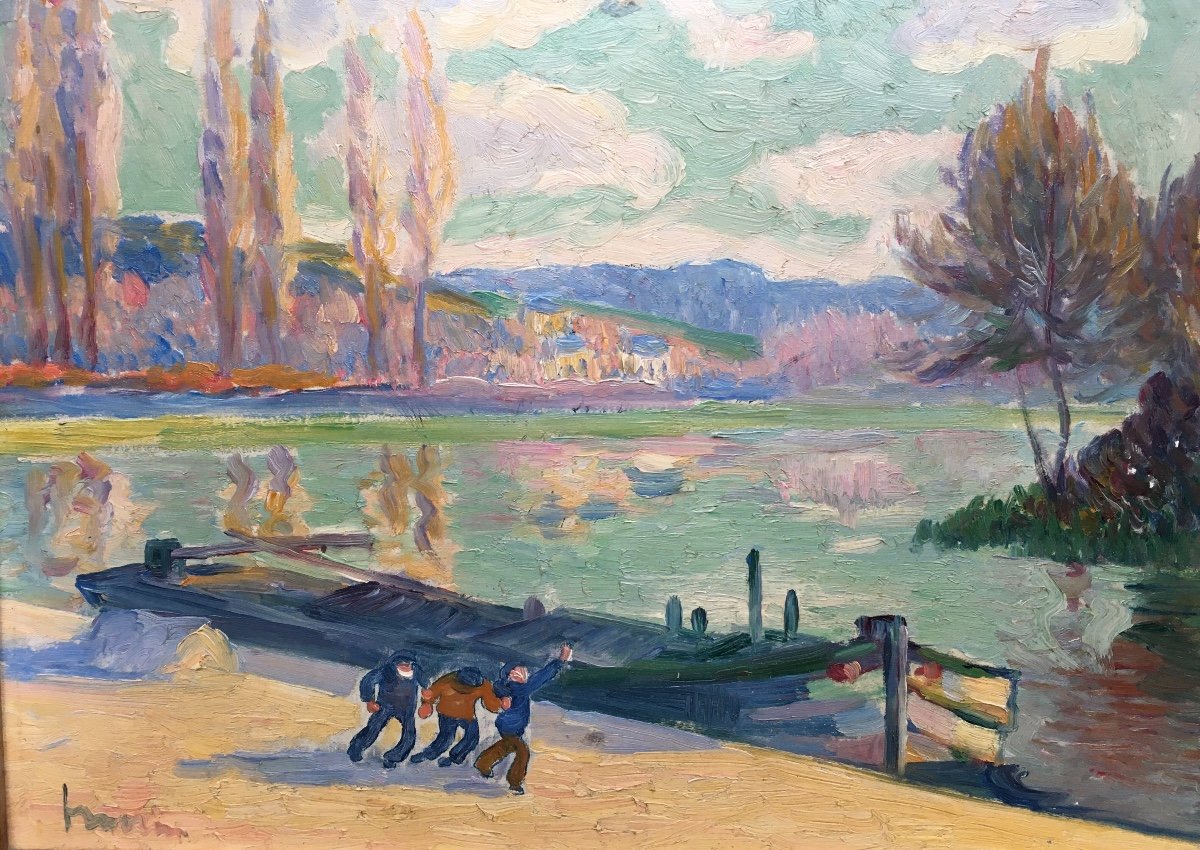 Huile Ancienne Impressionniste fauvisme Bord De Seine Paysage Bateau Rivière 