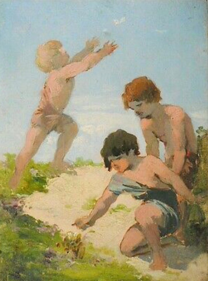 Children Hunting Butterflies Old Oil