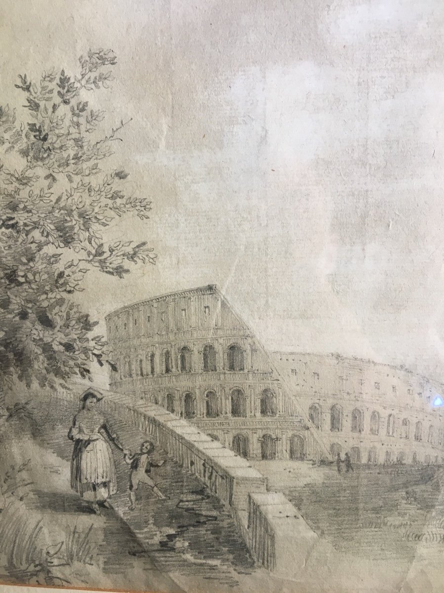 Dessin Ancien Paysage Rome Colisée Ruines Italie  