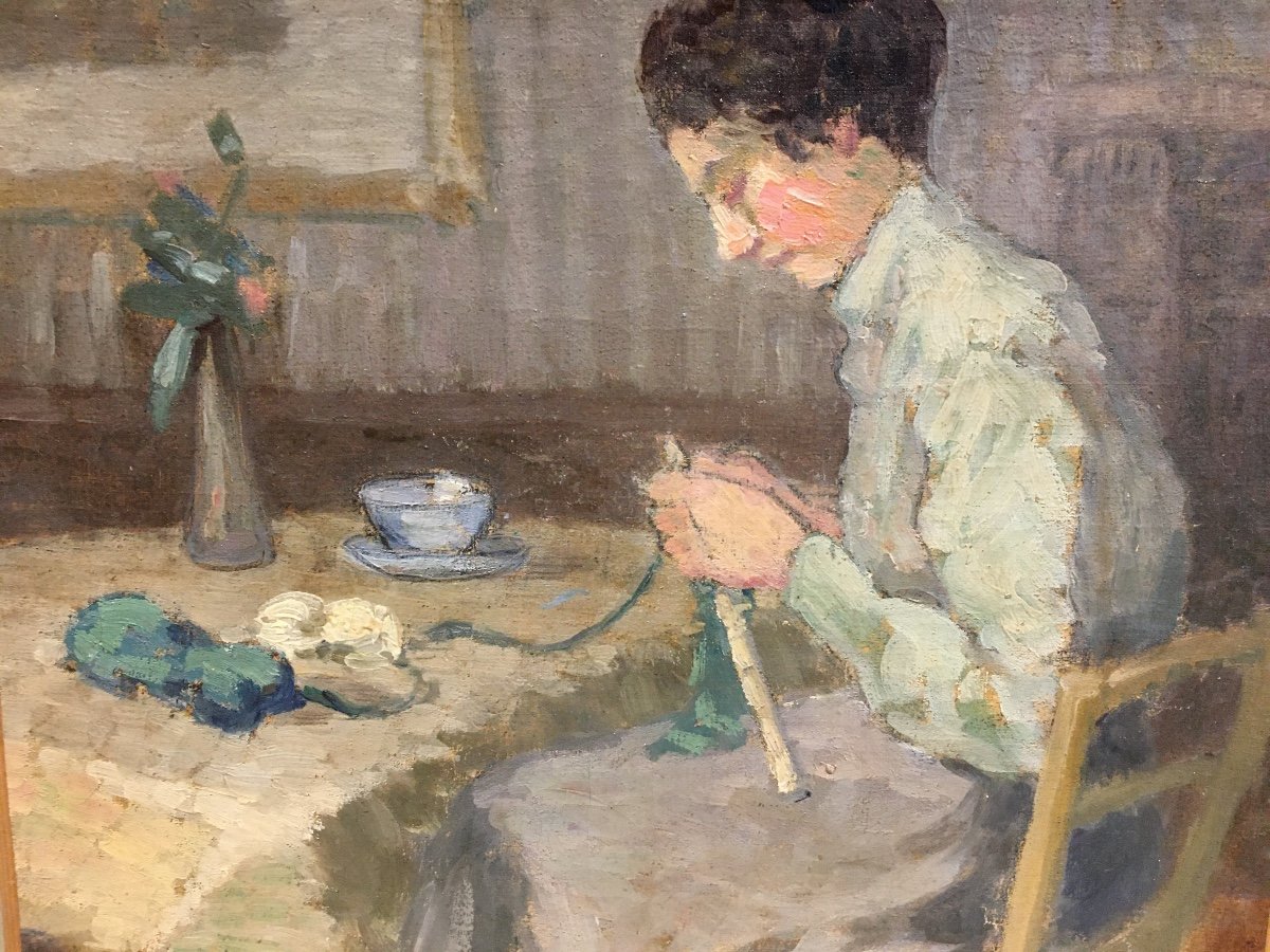 Huile Sur Toile Impressionniste Nabis Femme Au Tricot 