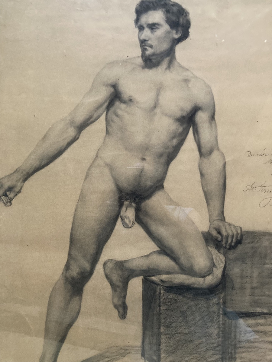 Large Old Drawing 19th Century Academy Nude Man Male Academy -photo-3