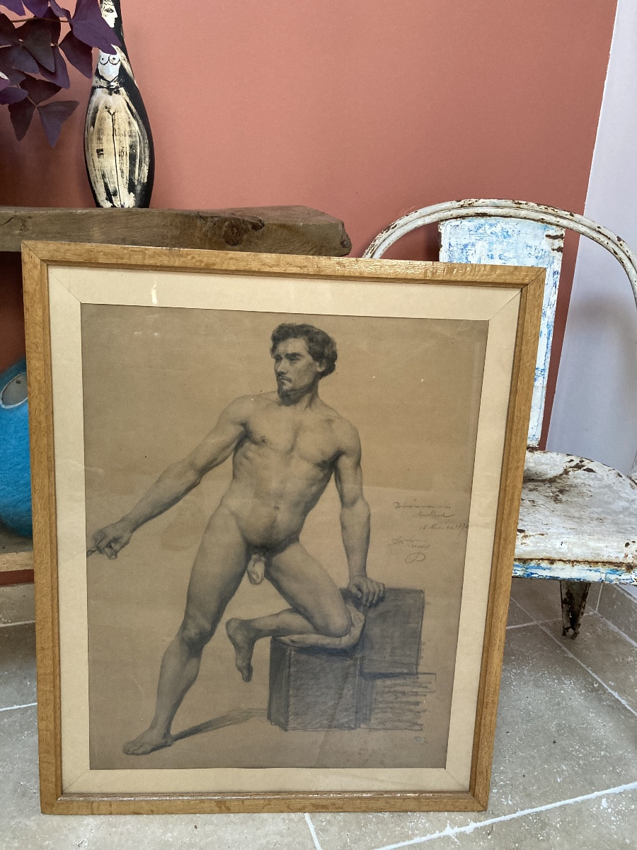 Large Old Drawing 19th Century Academy Nude Man Male Academy -photo-4