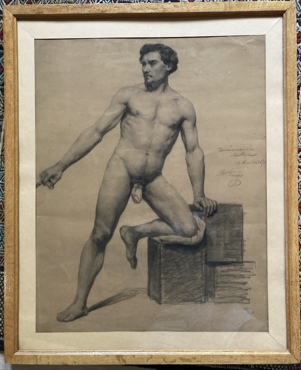 Large Old Drawing 19th Century Academy Nude Man Male Academy 