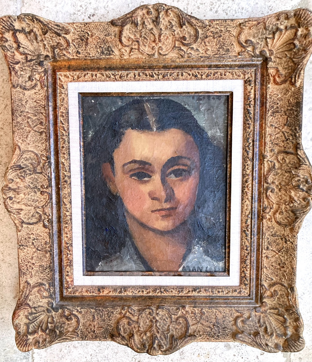 Portrait jeune fille  huile sur toile signée man collot