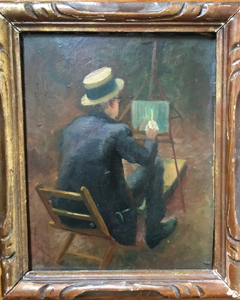 Huile Sur Panneau Peintre à Son Chevalet Impressionniste-photo-2