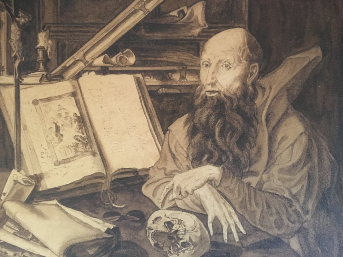 Dessin Ancien XIX Alchimiste Savant En Son Cabinet Curiosité 