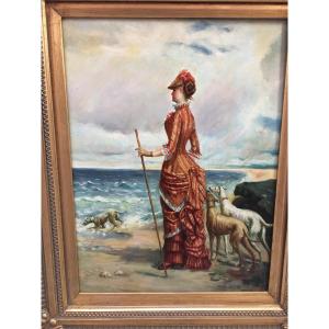 Oil Portrait Of Elegant Woman On The Beach