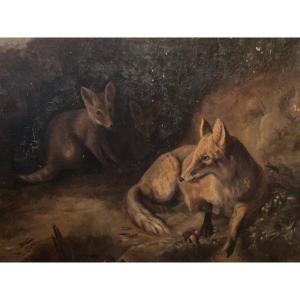 Huile Sur Toile Renards Animal Animaux Paysage Ancien