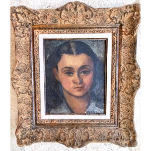 Portrait jeune fille  huile sur toile signée man collot