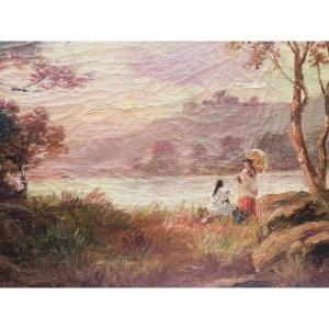 Huile sur toile femmes dans un paysage barbizon impressionniste 