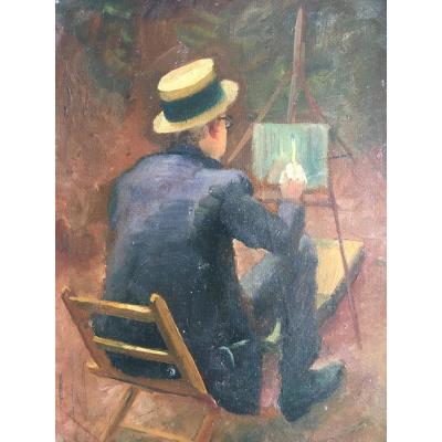 Oil On Panel Painter With His Impressionist Easel