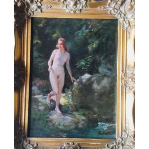 Portrait De Femme Au Bain Ruisseau Nu Nymphe