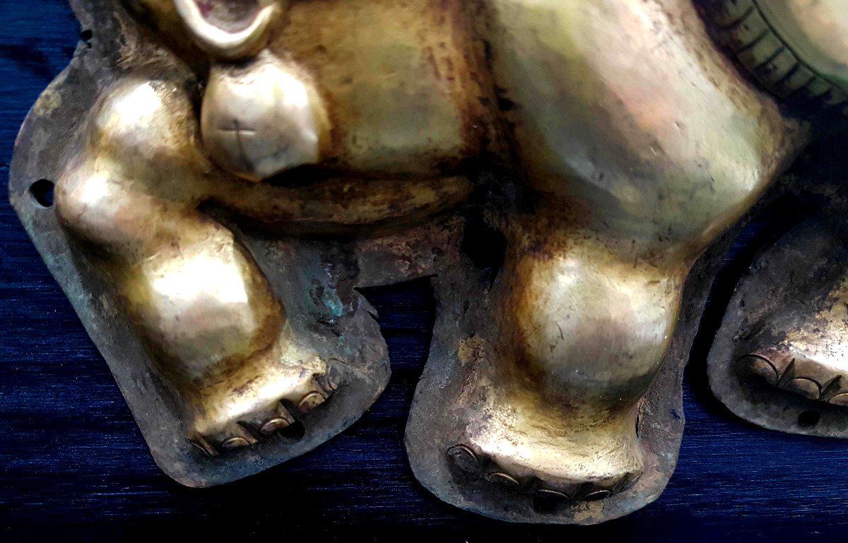 Pair Of Elephants In Gilded Copper, Tibet 19th Century-photo-2