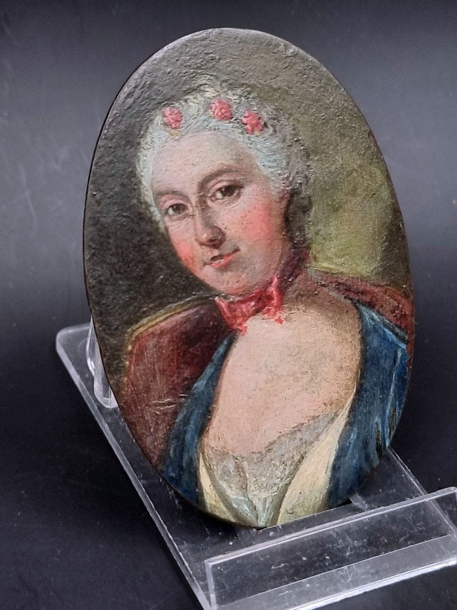 Miniature Sur Cuivre époque Louis XV d'Une Femme Au Nœud Rose -photo-2