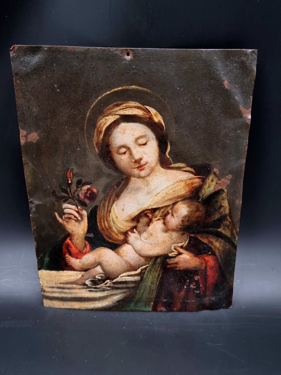 Vierge A l'Enfant Huile Sur Cuivre France XVIIe Siècle-photo-2