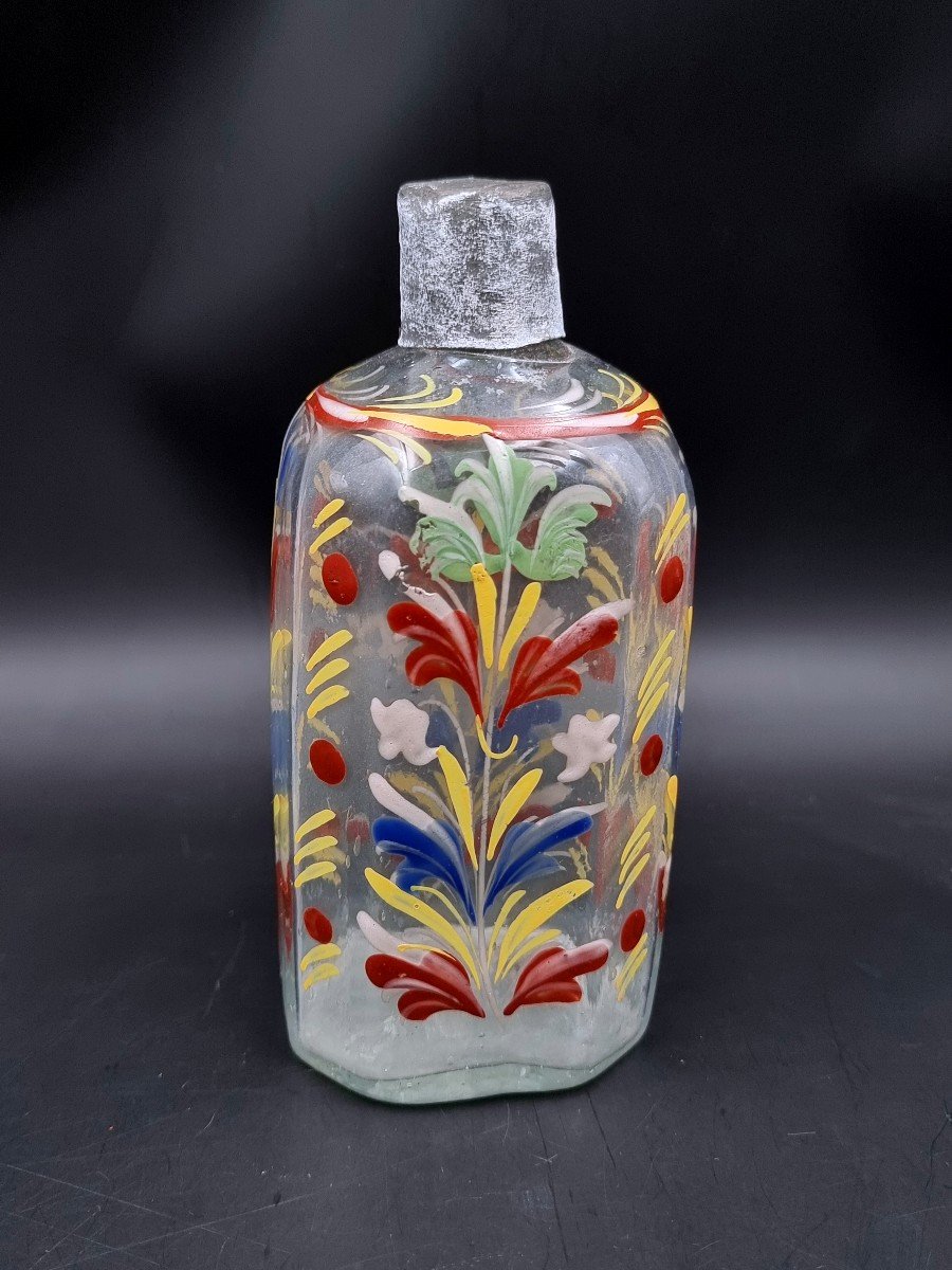 Enamelled Glass Bottle With Scrolls And Flowers 18th Century Swiss Or Eastern France