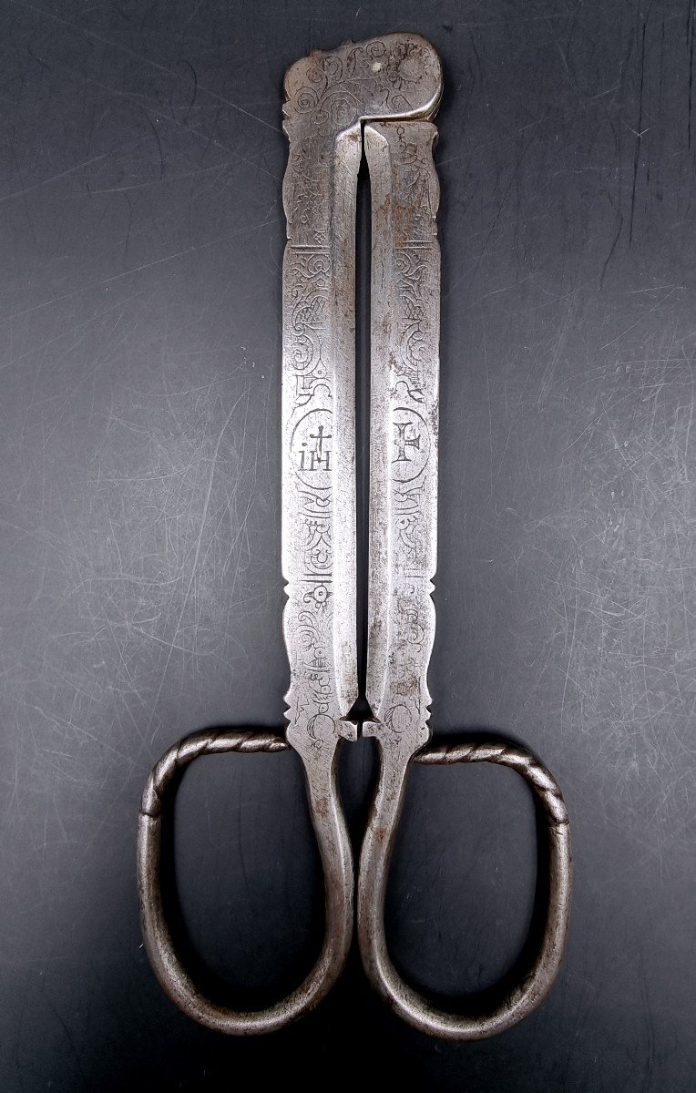 Pair Of Sugar Scissors 17th Century Engraved With An Ihs Monogram